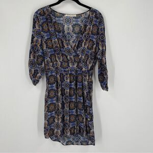 Daniel Rainn Women’s B Neck Roll Tab Sleeves Blue Paisley A Line Mini Dress S